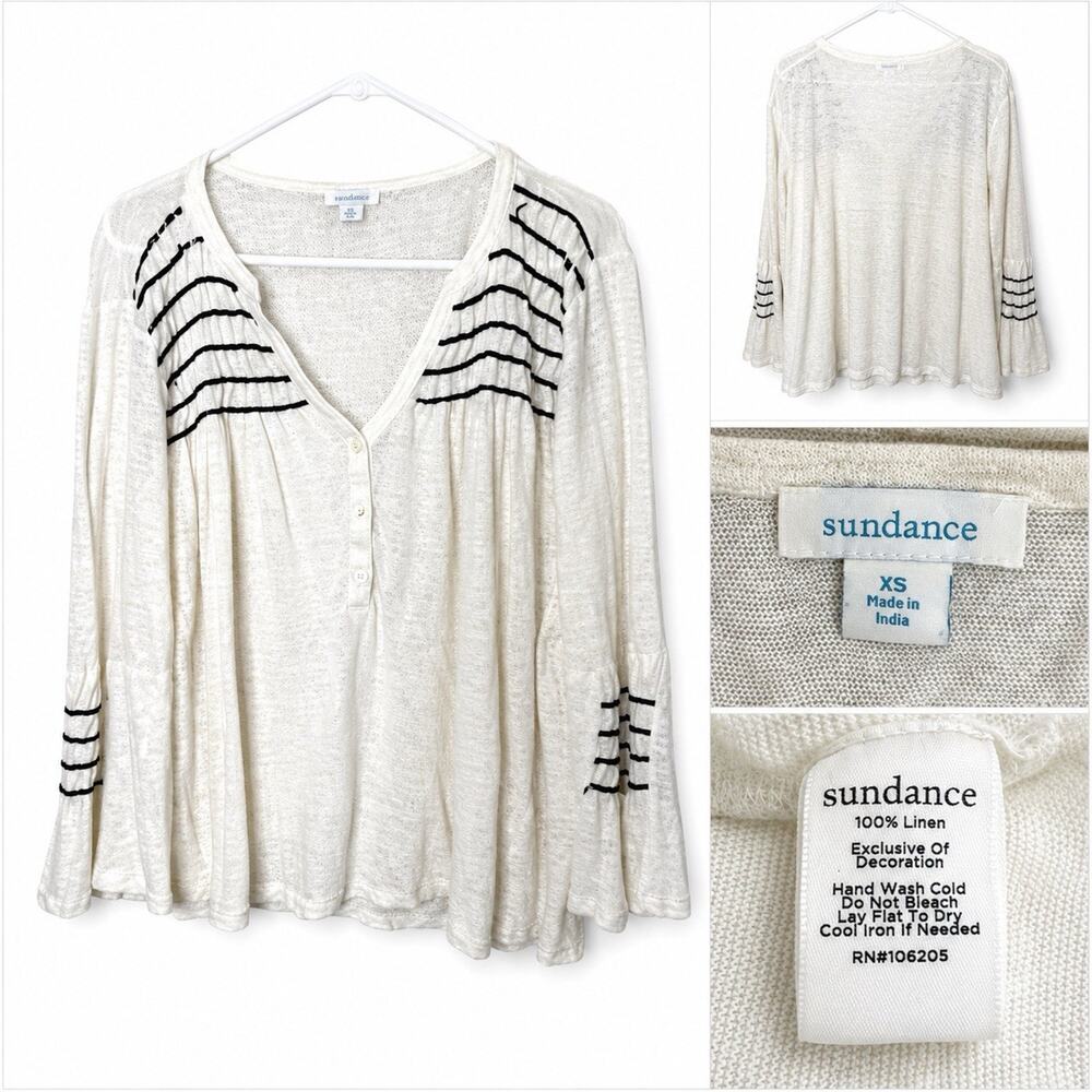Sundance Size XS Shirt Top Ivory Linen Embroidered Pullover Boho Bell Sleeves